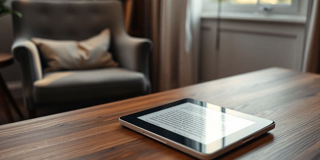Leitor de eBook moderno sobre uma mesa de madeira.