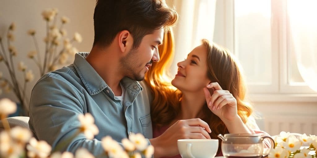 Casal apaixonado em manhã romântica com flores.