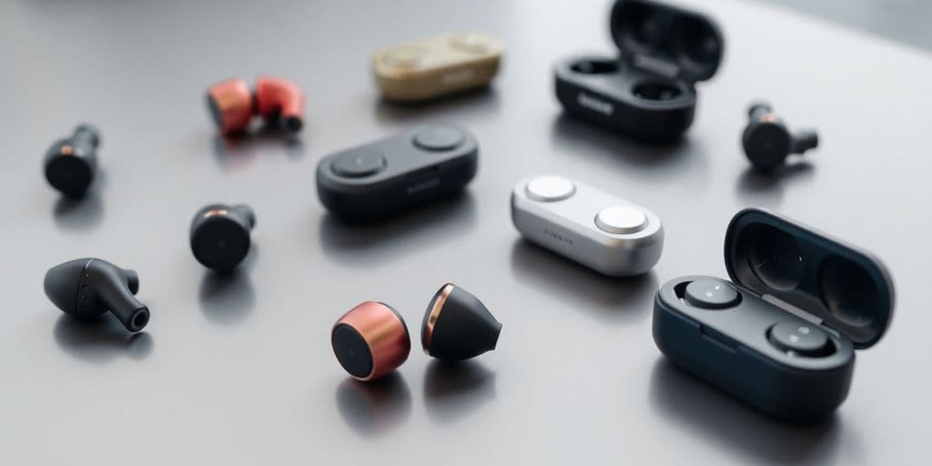 Vários earbuds sem fio com cancelamento de ruído.