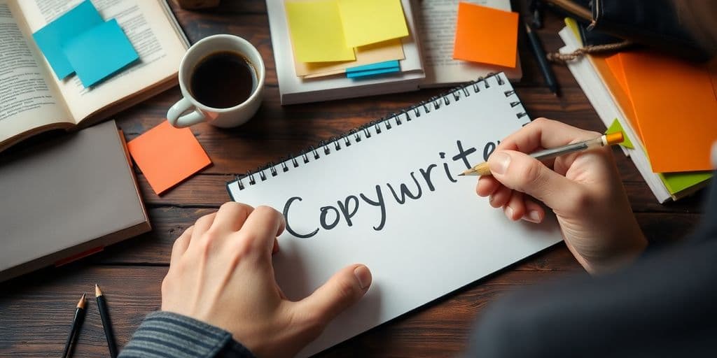 Pessoa a escrever ideias sobre copywriting com materiais criativos.