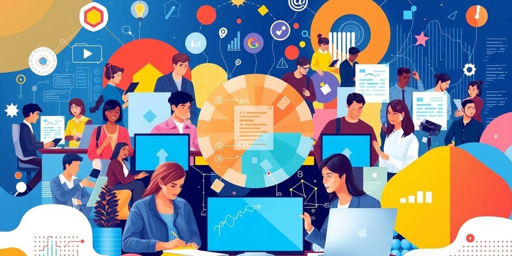 Equipa diversa a trabalhar com tecnologia e dados.