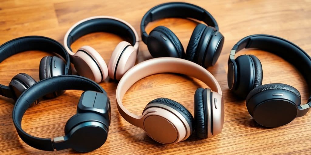 Auriculares com cancelamento de ruído em várias cores.