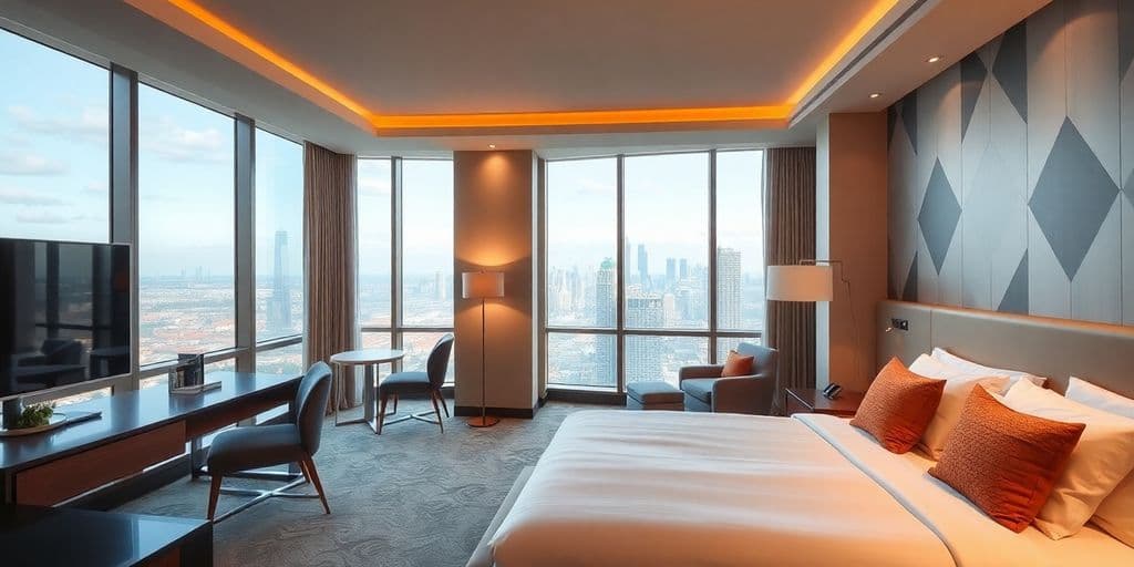 Quarto de hotel moderno e elegante com vista.