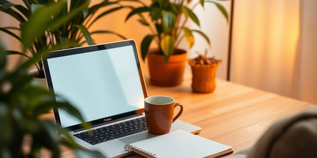 Escritório em casa com laptop, caderno e chá.