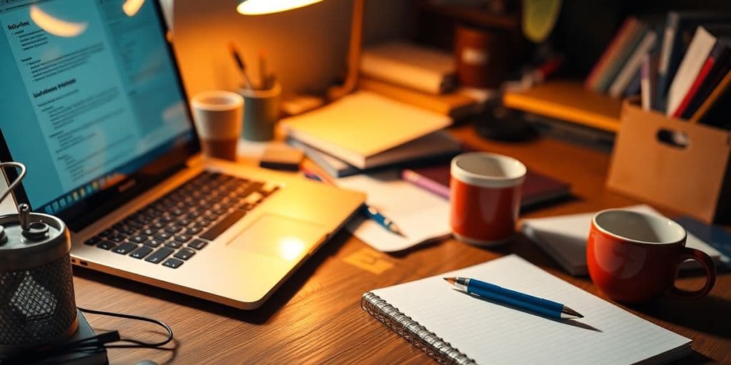 Espaço de trabalho criativo com laptop e anotações.
